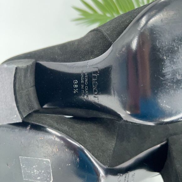 Theory Jodhpur Size 8.5 Mid Calf Black Suede Heeled Ankle Boots Booties Strap - Picture 11 of 14